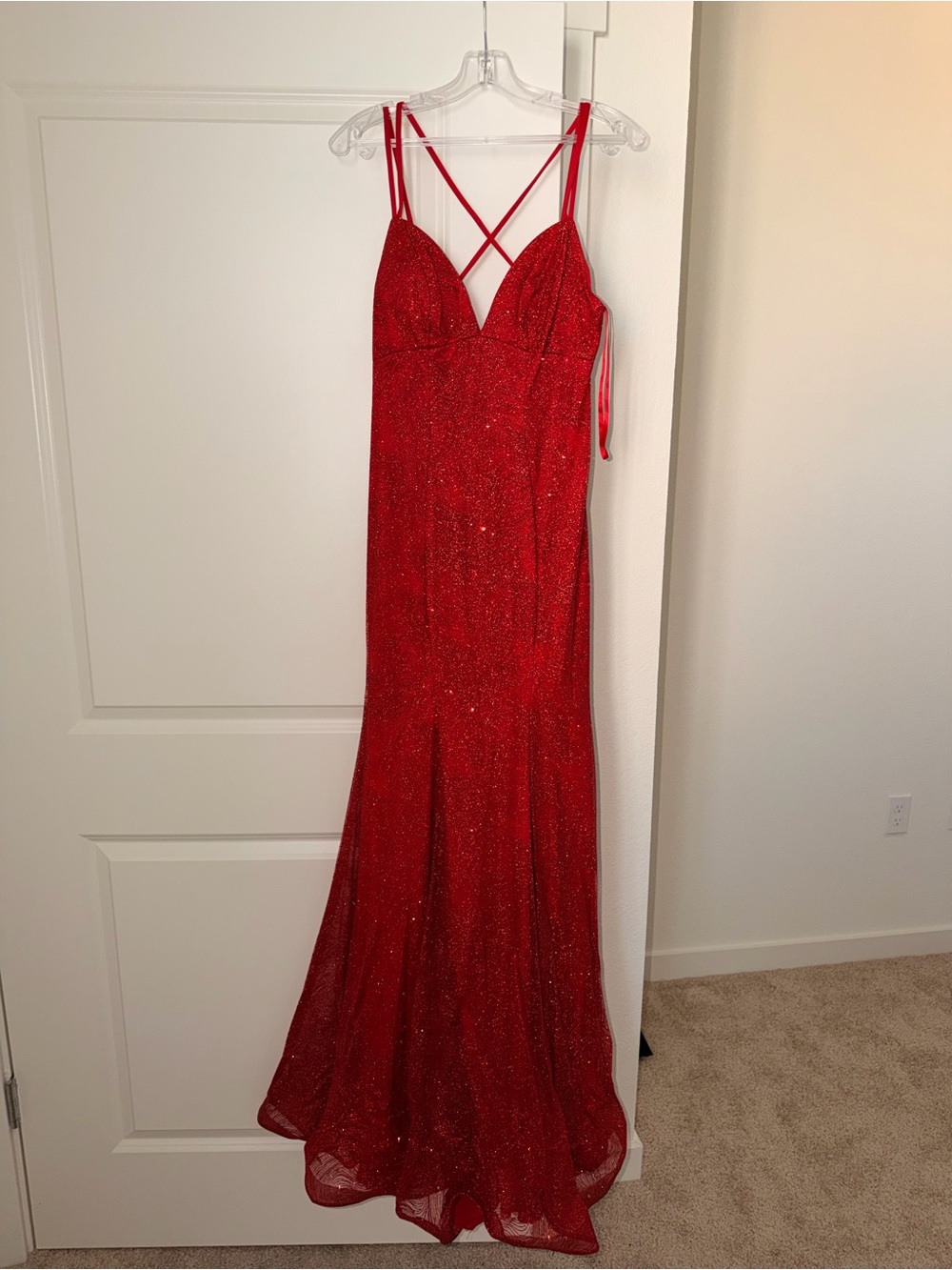 Sparkling Red Evening Gown with Crisscross Straps